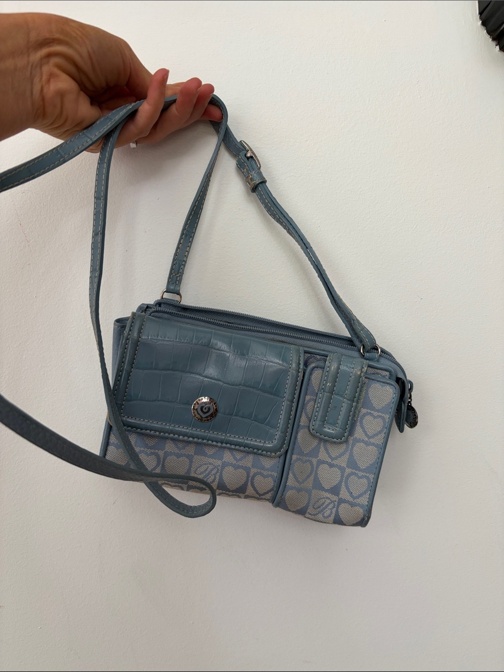 Vintage Blue Heart-Print Crossbody Bag